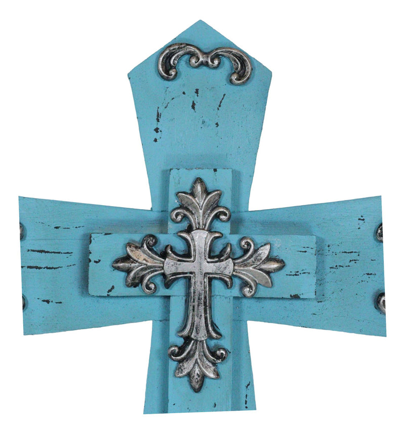 Rustic Western Turquoise Silver Scrollwork Faux Wood Layered Wall Cross Crucifix