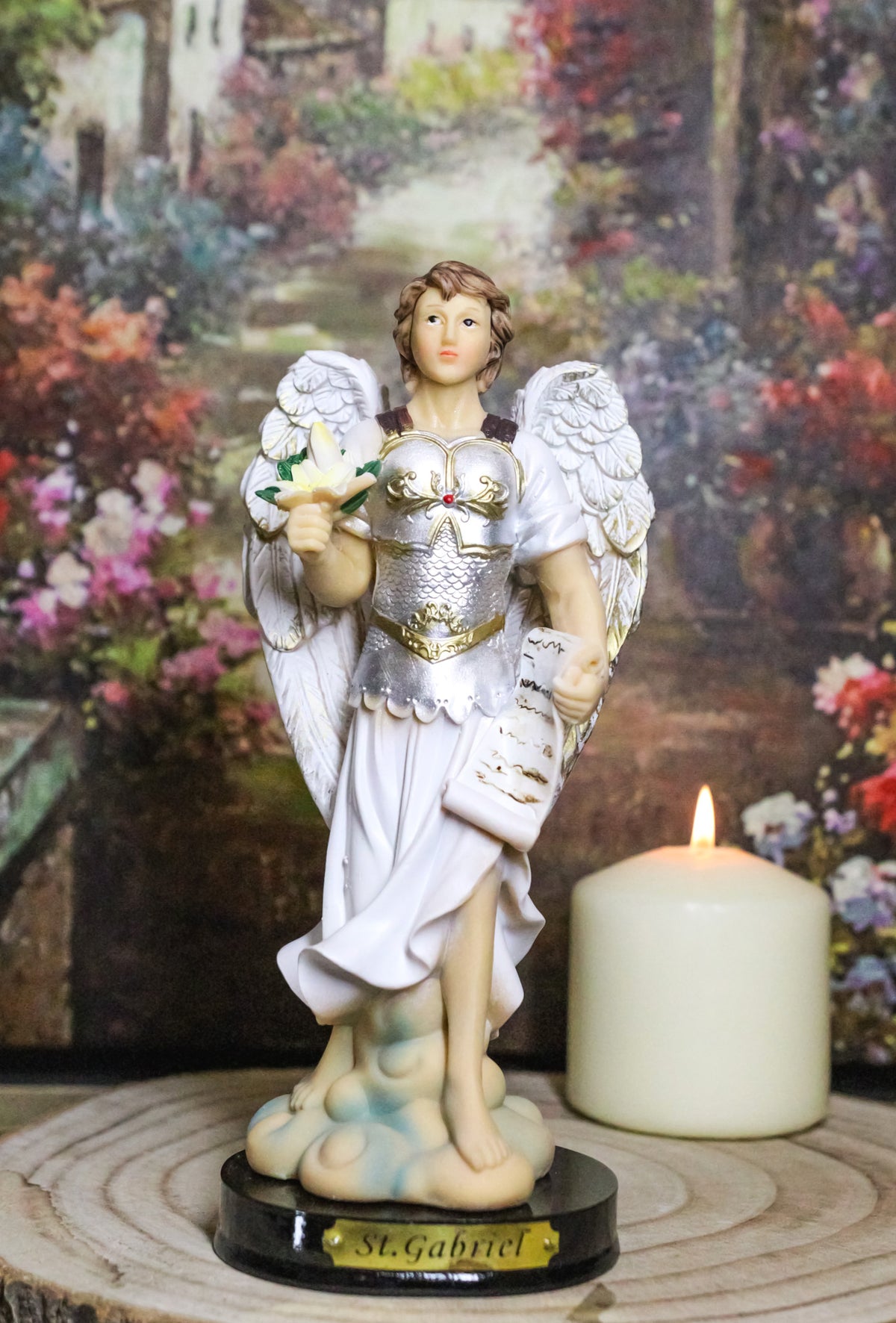 Archangel Saint Gabriel Holding Scroll and White Lotus Figurine With Base 8"H
