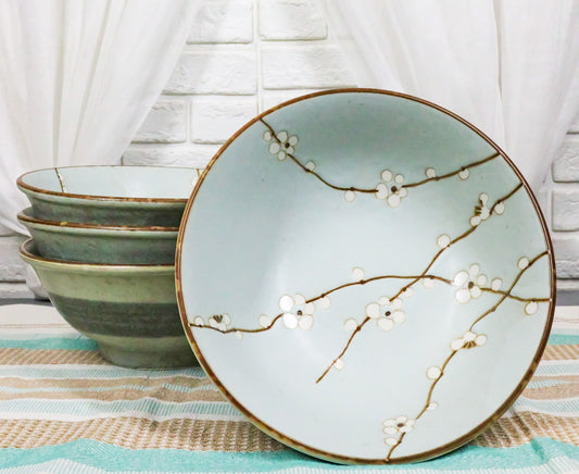 Set Of 4 Japan Made Sakura Cherry Blossoms Porcelain Ramen Soup Large Bowls 46oz - Ebros Gift