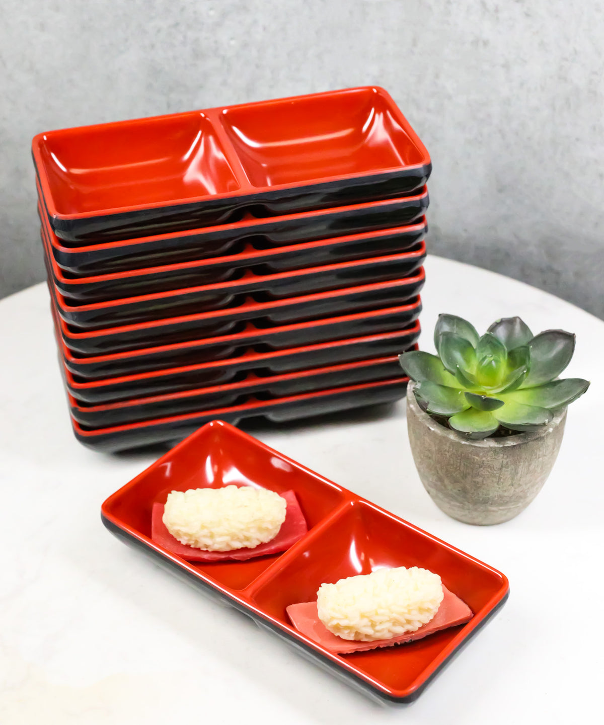 Pack Of 10 Red And Black Melamine Dipping Sauce Or Condiment 2 Partition Dishes