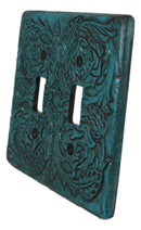 Set of 2 Western Tooled Floral Lace Turquoise Wall Double Toggle Switch Plates