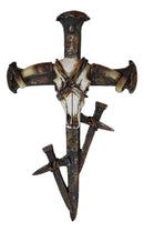 Rustic Western Barbed Wires Cow Skull With 3 Spike Nails Crosses Wall Cross