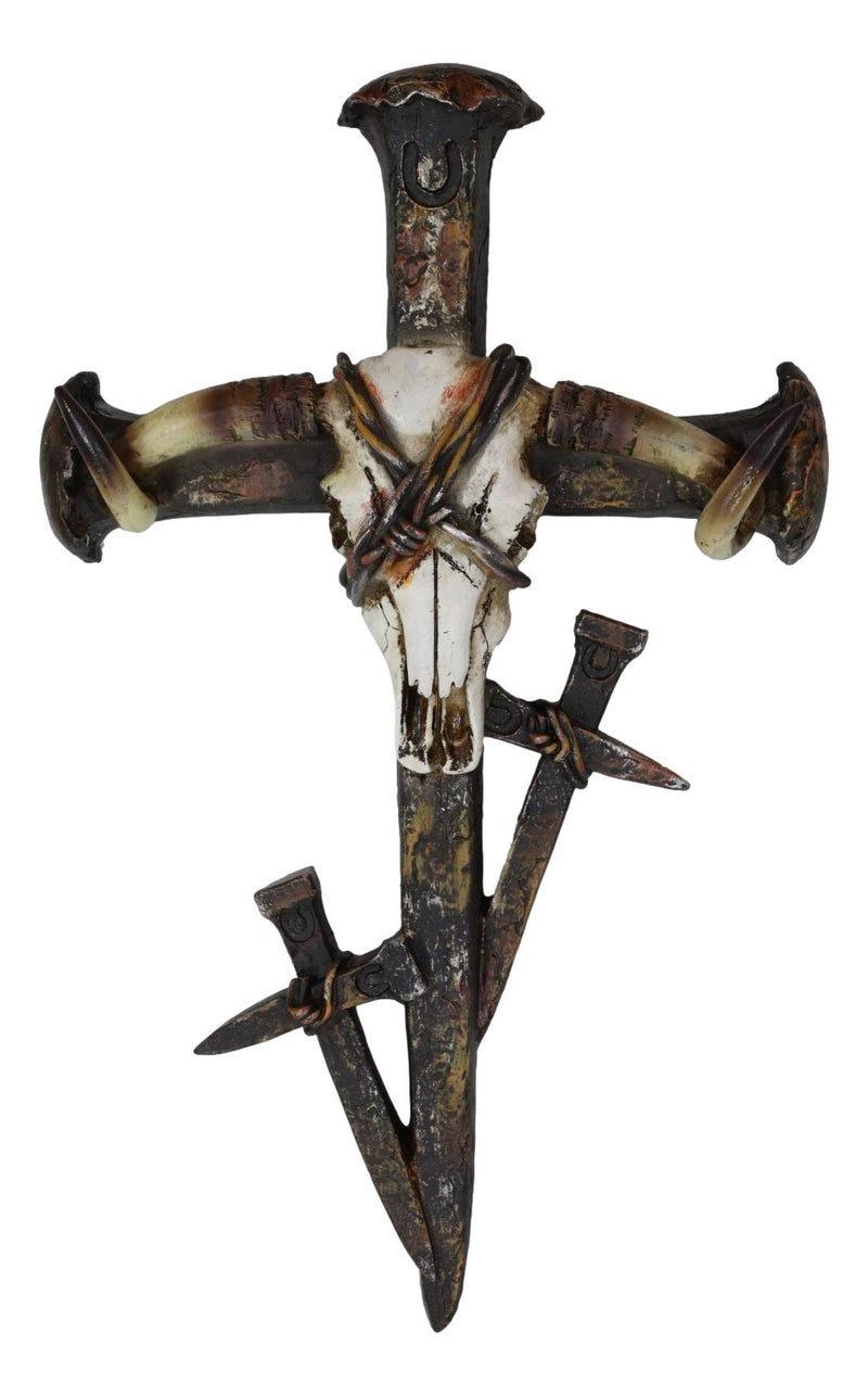 Rustic Western Barbed Wires Cow Skull With 3 Spike Nails Crosses Wall Cross
