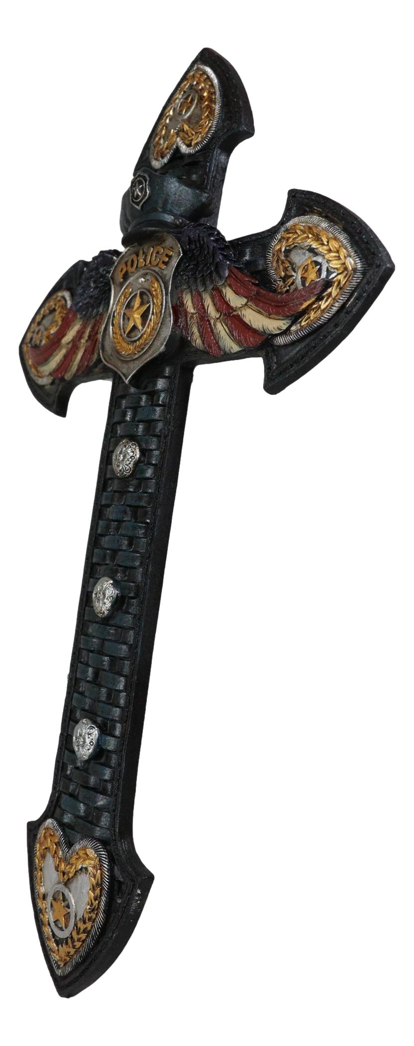 Patriotic Men In Blue Police Officer Badge With USA Flag Eagle Wings Wall Cross