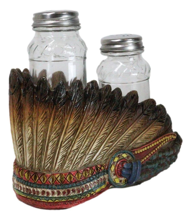 Southwest Native Indian Chief Headdress Roach Salt And Pepper Shakers And Holder