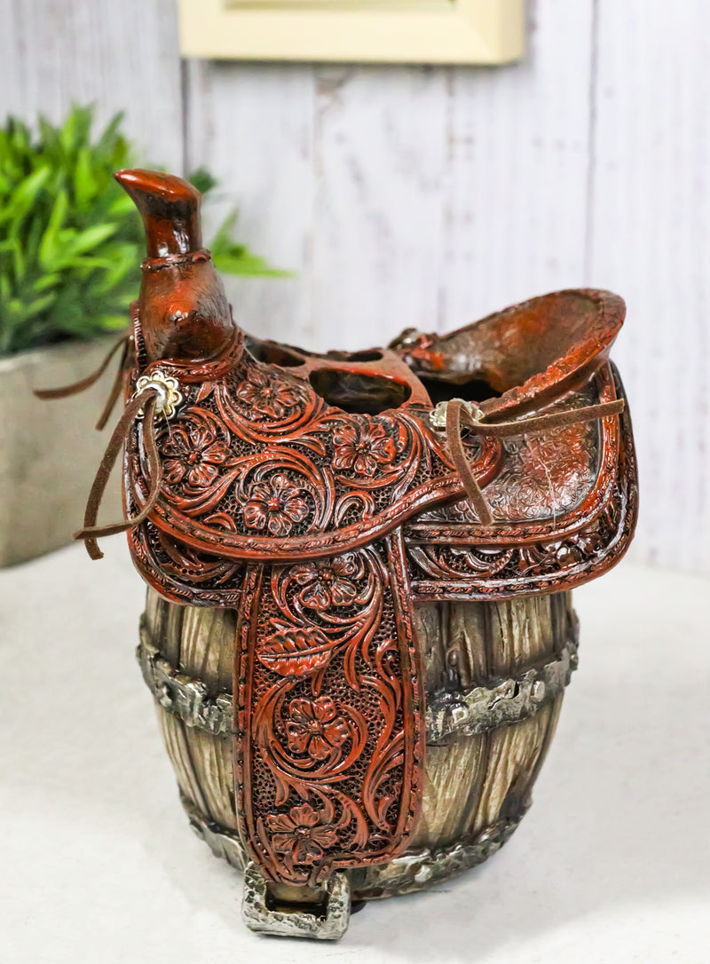Rustic Western Faux Leather Cowboy Horse Saddle On Barrel Toothbrush Holder