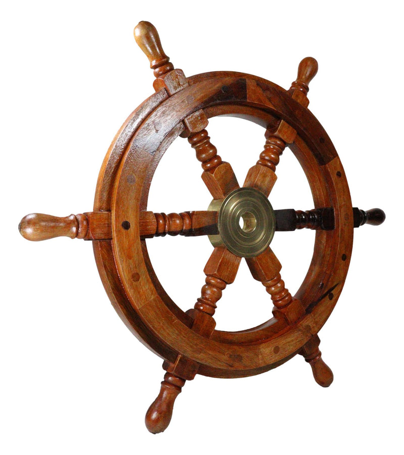 Nautical Marine Vintage Hardwood Wood & Brass Ship Steering Helm Boat Wheel 18"D