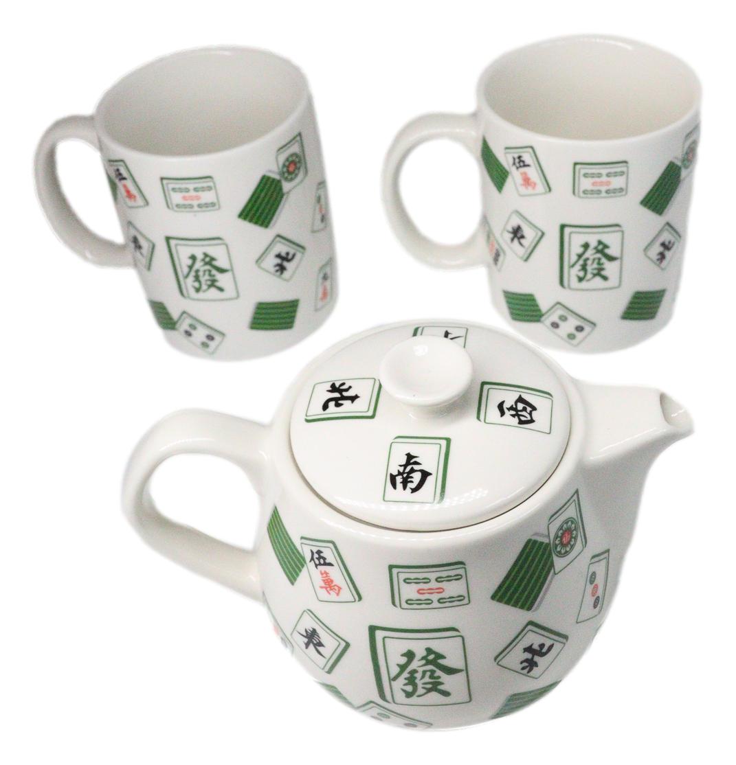 Green White Chinese Mahjong Tiles Ceramic Tea Pot 15oz And 2 Cup Mugs 11oz Set