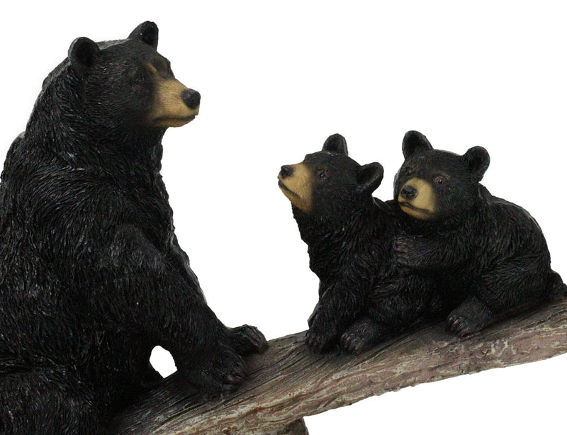 Rustic Forest Black Bear Mother and 2 Cubs Sitting On Tree Logs Seesaw Figurine