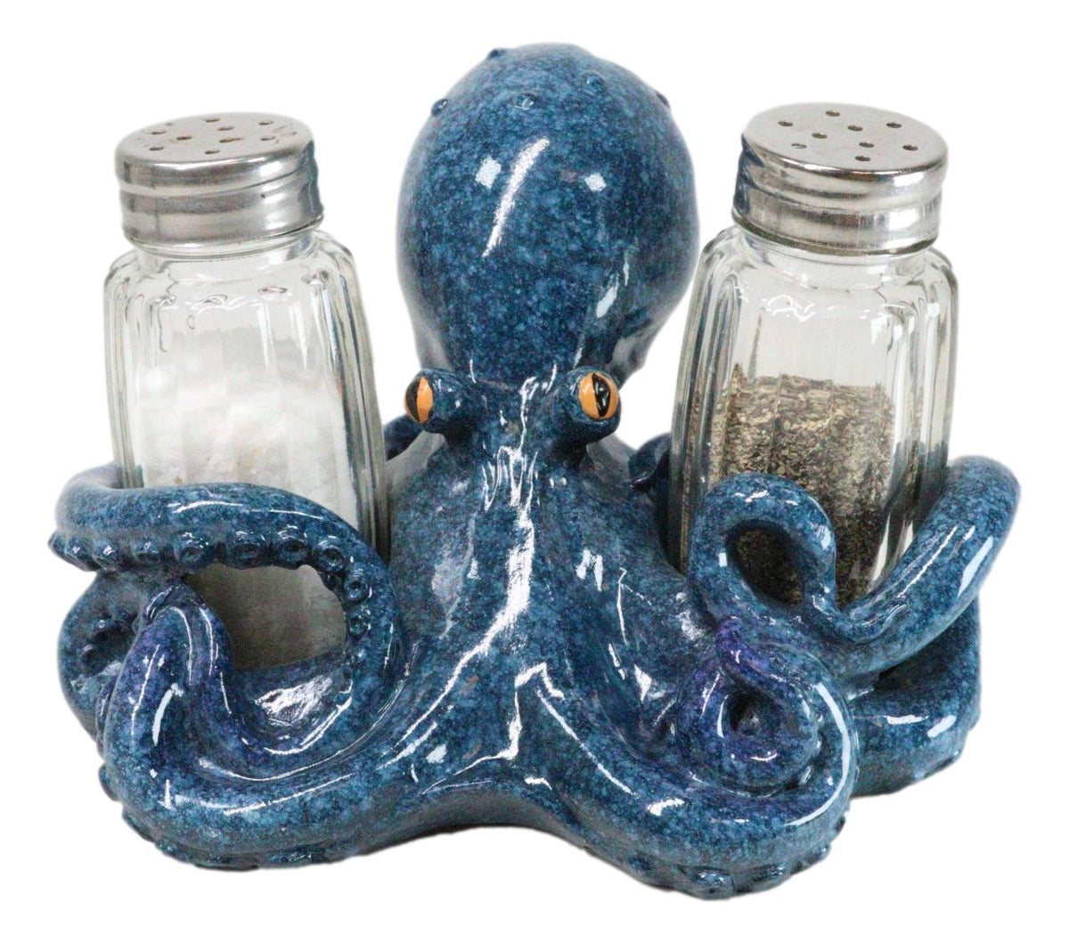 Onyx Blue Nautical Marine Cephalopod Octopus Salt Pepper Shakers Holder Set