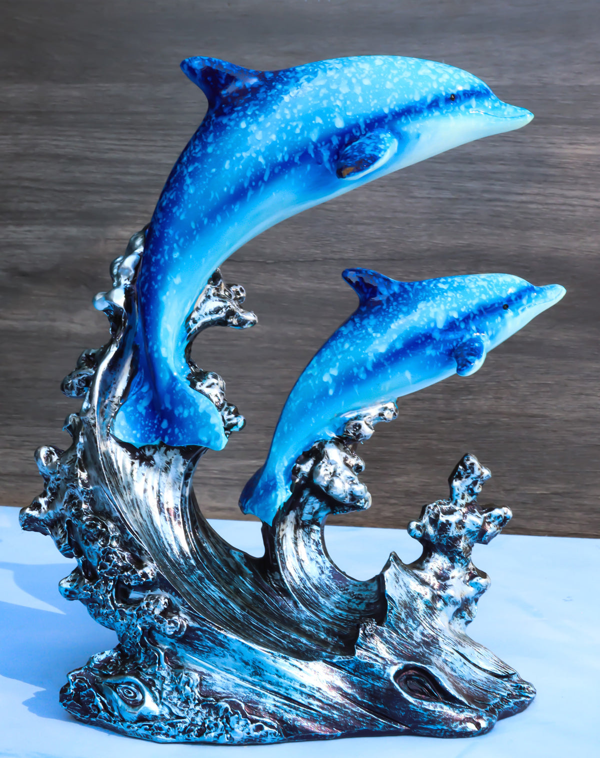 Nautical Marine Sea Ocean 2 Blue Dolphins Swimming Over Reef Waves Figurine - Ebros Gift