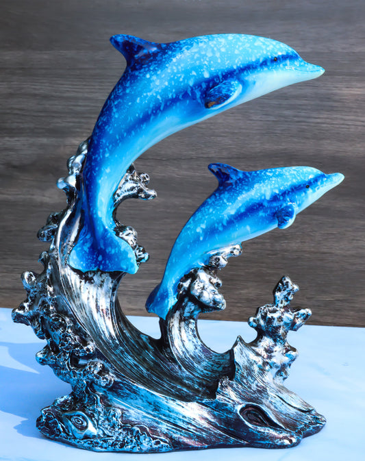 Nautical Marine Sea Ocean 2 Blue Dolphins Swimming Over Reef Waves Figurine - Ebros Gift