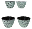 Mint Green Bamboo Etching Japanese Tetsubin Style Cast Iron Tea Cups Set of 4