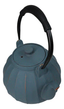 Blue Gold Streaks Wide Base Vertical Lines Medium Cast Iron Teapot 33oz Tea Pot