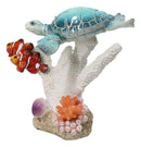 Blue Sea Turtle Swimming with 2 Clownfishes By LED Coral Reef Anemone Figurine