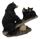 Rustic Forest Black Bear Mother and 2 Cubs Sitting On Tree Logs Seesaw Figurine