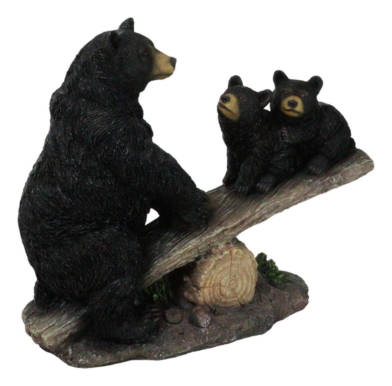 Rustic Forest Black Bear Mother and 2 Cubs Sitting On Tree Logs Seesaw Figurine