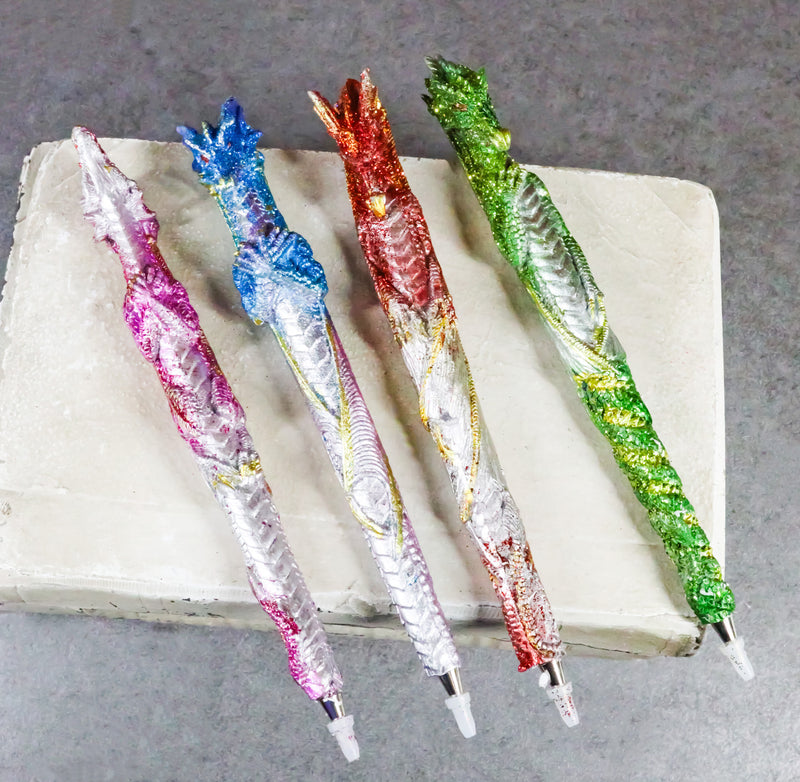 Set of 16 Colorful Glittering Medieval Fantasy Dragon Figural Ball Point Pens