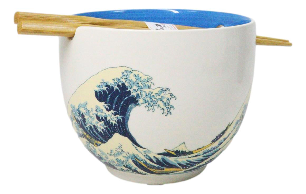 Great Wave Of Kanagawa Hokusai Ceramic Donburi Ramen Soup Bowl Chopsticks Set