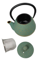 Green And Gold Chrysanthemum Textured Petite Cast Iron Teapot 10oz Tea Pot