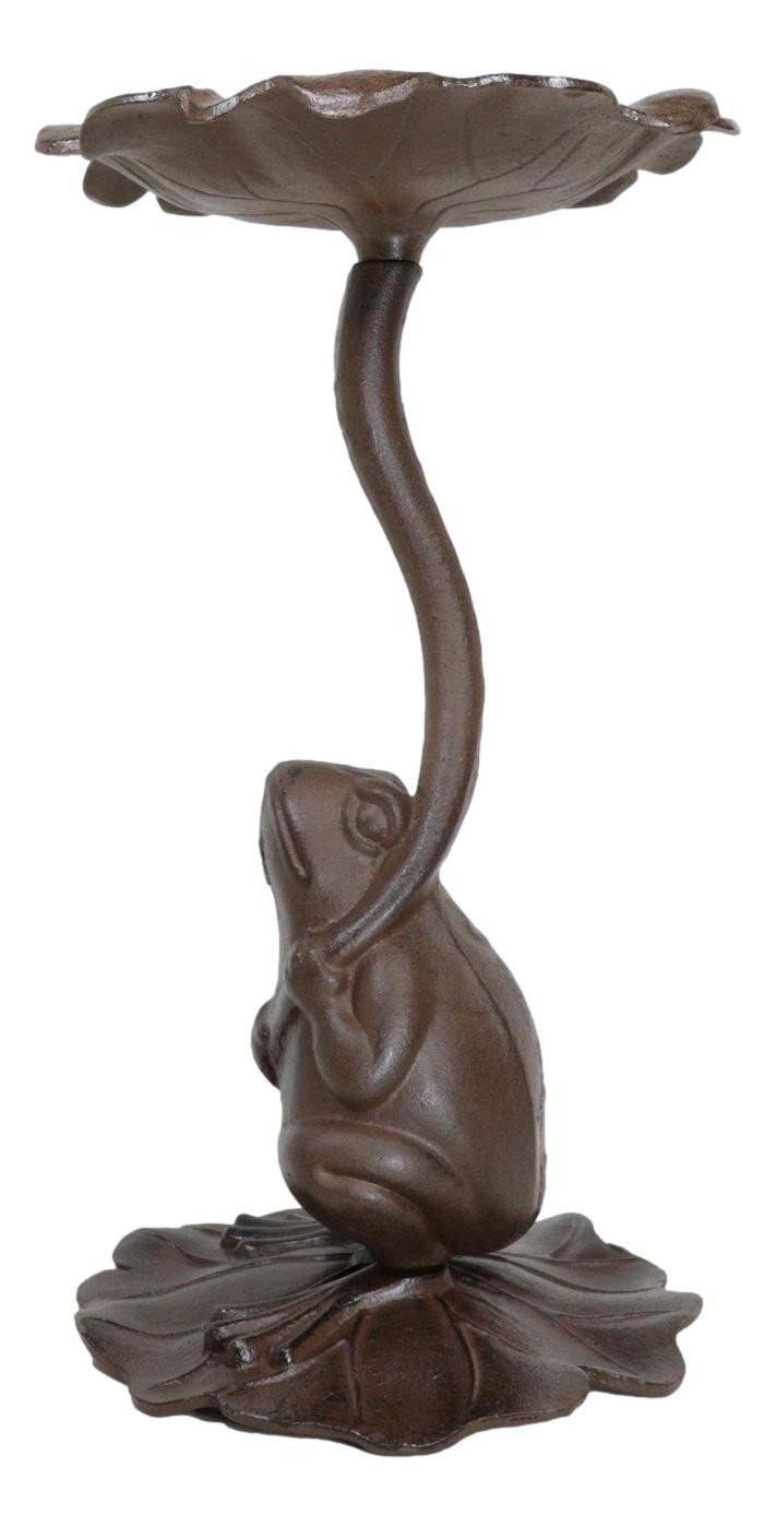 Cast Iron Toad Frog On Waterlily Lily Pad Leaf Bird Feeder Bath Garden Statue