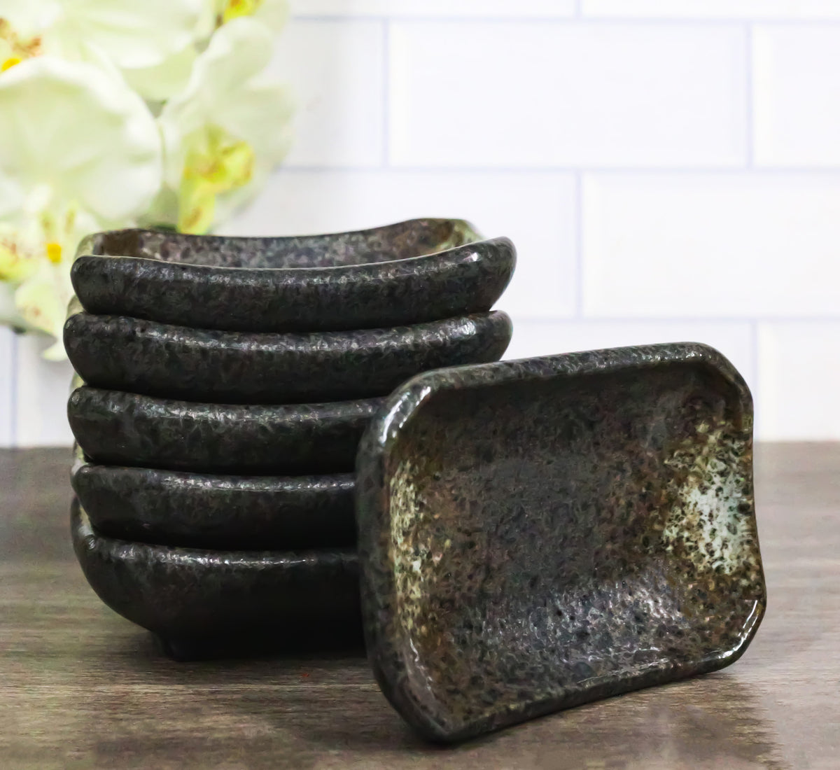 Pack Of 6 Ceramic Grey Hakumu Soy Sauce Oil Condiment Rectangular Dishes 2oz