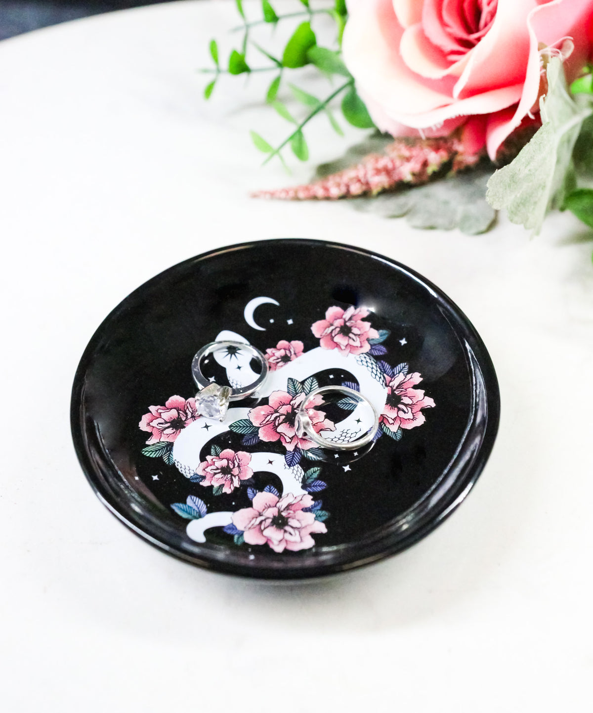 Ceramic Gothic Wicca Pink Floral Roses Serpentine Snake Apothecary Trinket Dish