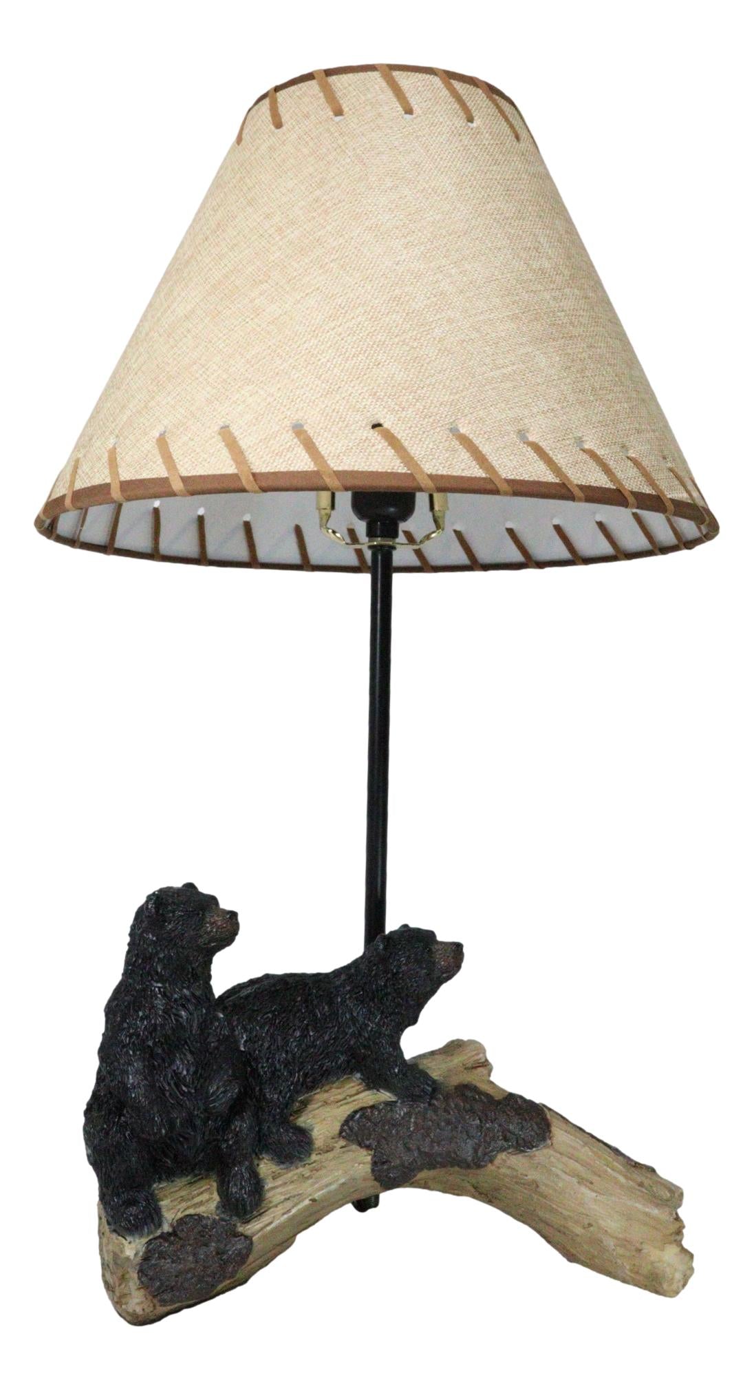 Rustic Western Whimsical Forest Black Bears Resting On Tree Log Table Lamp