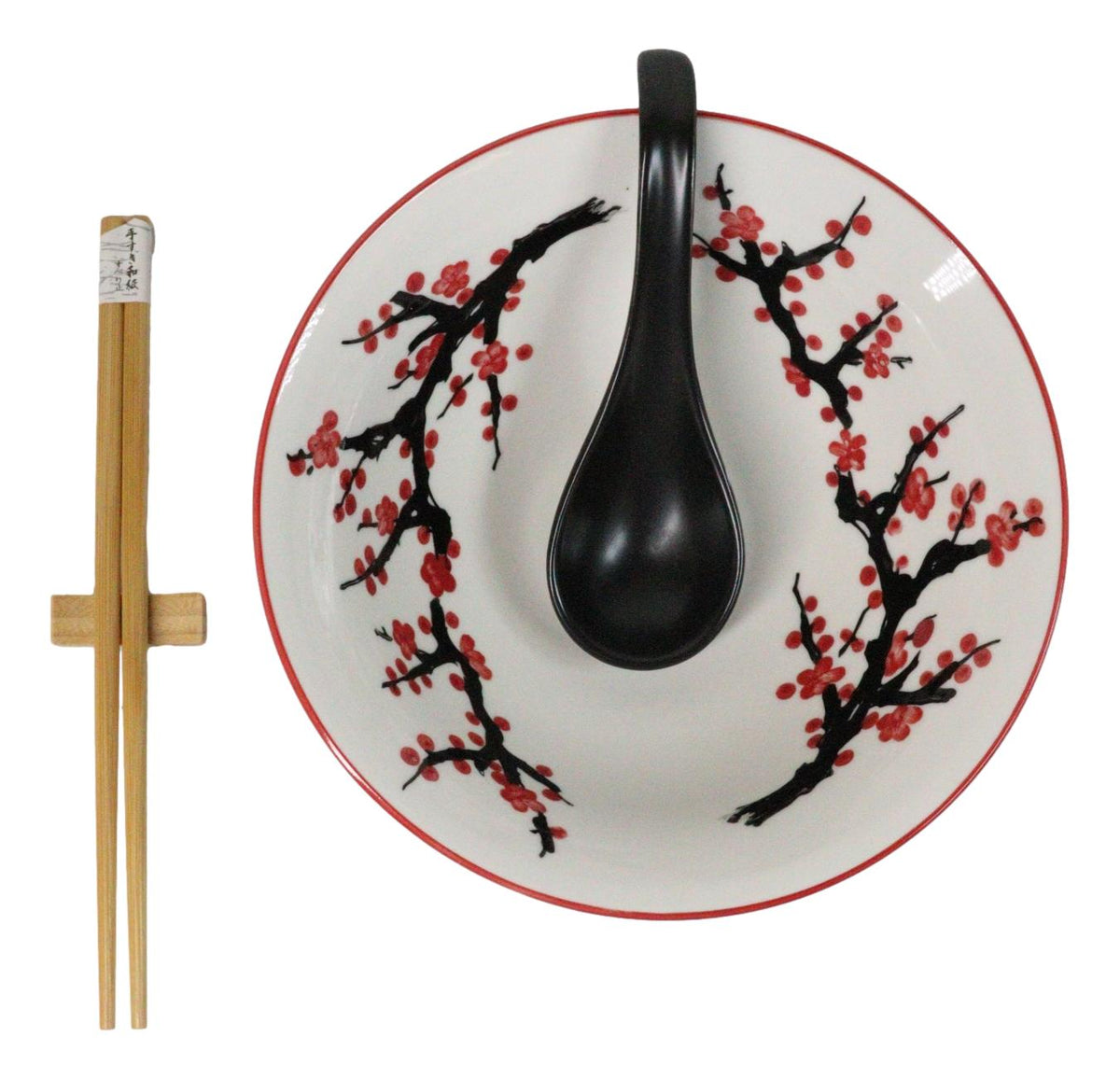 Pink Sakura Ceramic Ramen Rice Bowl With Soup Spoon Chopsticks And Rest Set
