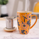 Orange Flowers Nature 15oz Porcelain Tea Mug With Lid & Stainless Steel Infuser