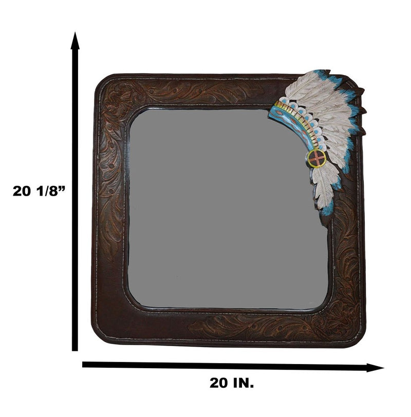 Rustic Southwestern Indian Chief Headdress Faux Tooled Leather Wall Mirror Decor