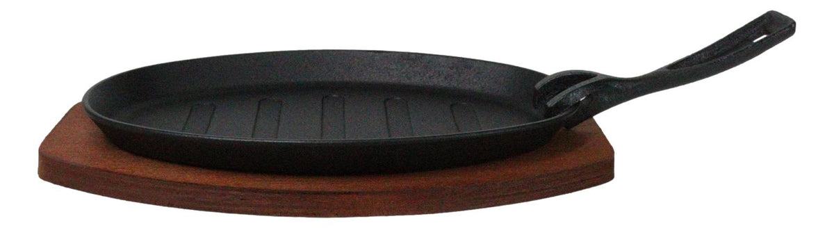 Personal Size Cast Iron Oval Fajita Steak Pan Skillet With Wood Trivet Base