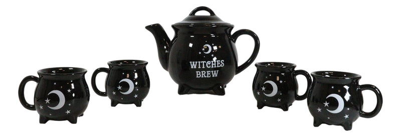 Wicca Sacred Moon And Stars Witches Brew Black Cauldron Teapot And 4 Cups Set