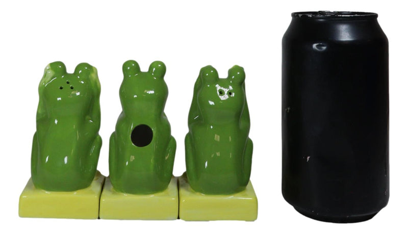 Trio Green Frogs See Hear Speak No Evil Salt Pepper Shakers Toothpick Holder