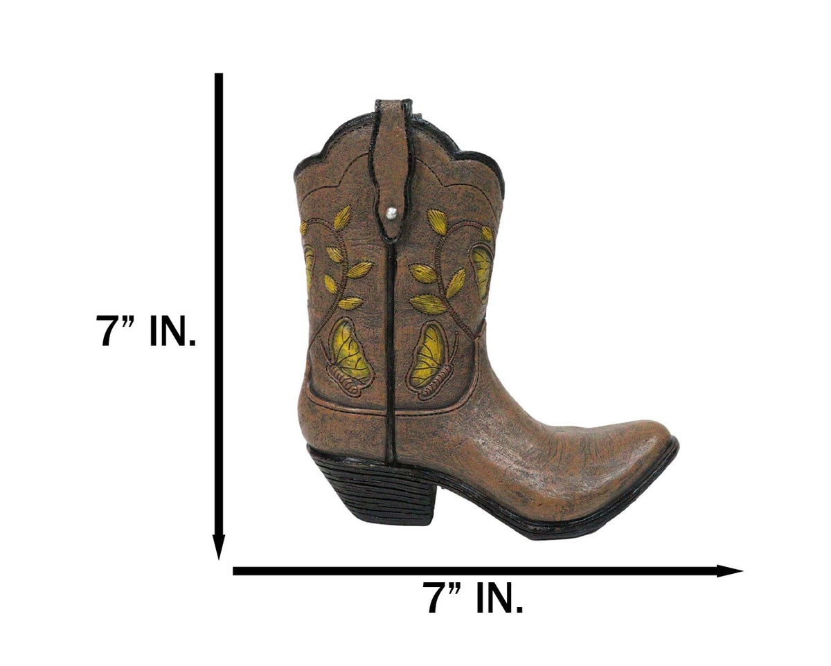 Western Yellow Butterfly and Flowers Faux Leather Cowgirl Boot Vase Figurine
