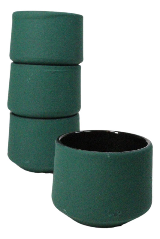 Green Modern Cylindrical Japanese Tetsubin Style Cast Iron Tea Cups Set of 4