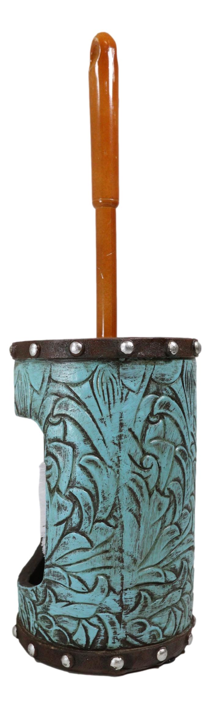 Rustic Vintage Western Turquoise Faux Leather Floral Toilet Brush and Holder Set