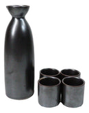Black Iron Clay Tetsu Kesho Porcelain Sake Carafe Flask 9oz & 4 Ochoko Cups Set