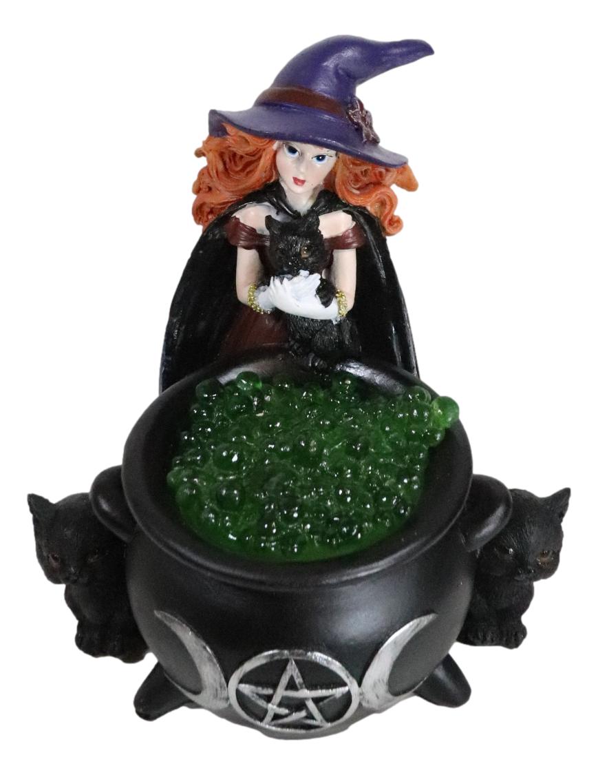 Wiccan Grand Witch Black Cat By LED Potion Bubbles Triple Moon Cauldron Figurine
