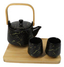 Black Marble Vein Porcelain 22oz Teapot And 2 Tea Cups With Bamboo Tray Set