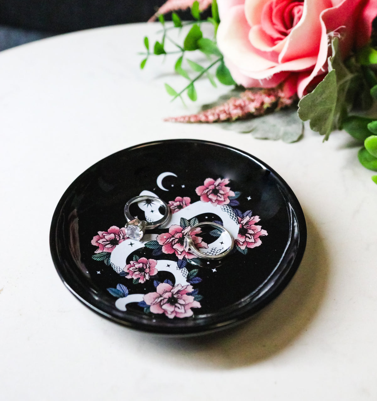 Ceramic Gothic Wicca Pink Floral Roses Serpentine Snake Apothecary Trinket Dish