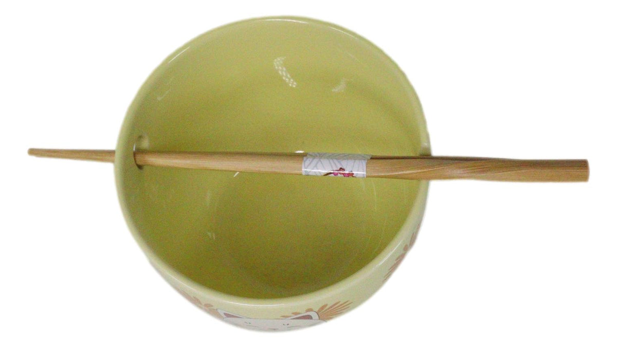 Maneki Neko Lucky Cat Yellow Ceramic Donburi Ramen Soup Bowl With Chopsticks Set