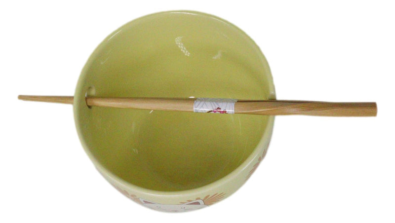 Maneki Neko Lucky Cat Yellow Ceramic Donburi Ramen Soup Bowl With Chopsticks Set