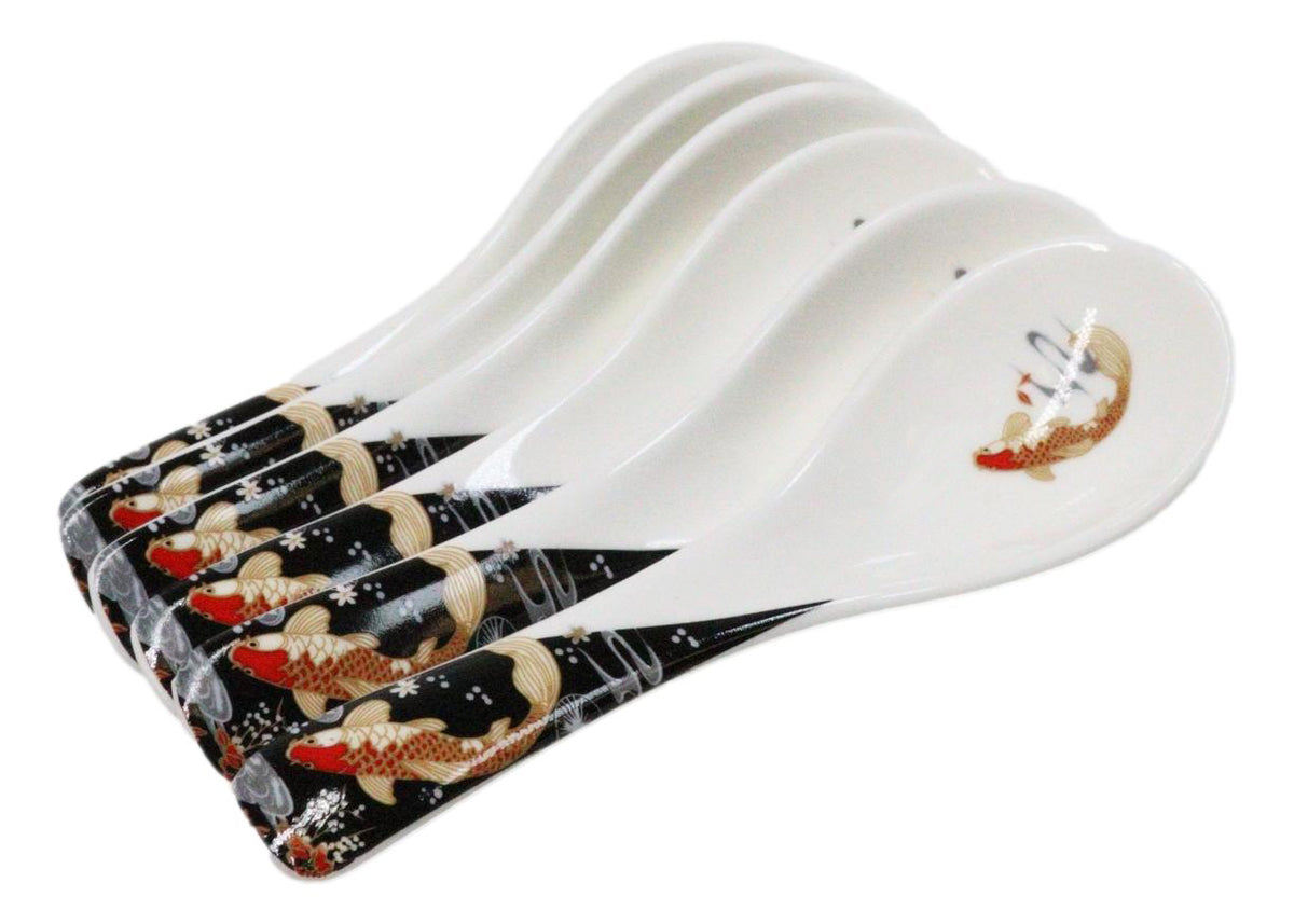 Set of 6 Japanese Koi Fish Porcelain Asian Soup Spoons Japanese Ramen Pho Wonton
