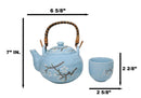 Blue Japanese Sakura Cherry Blossom Ceramic Tea Pot And 2 Cups Set Bamboo Handle