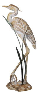 Large Marine Majestic Heron In Reeds Distressed Faux Wood Finish Sculpture 24"H
