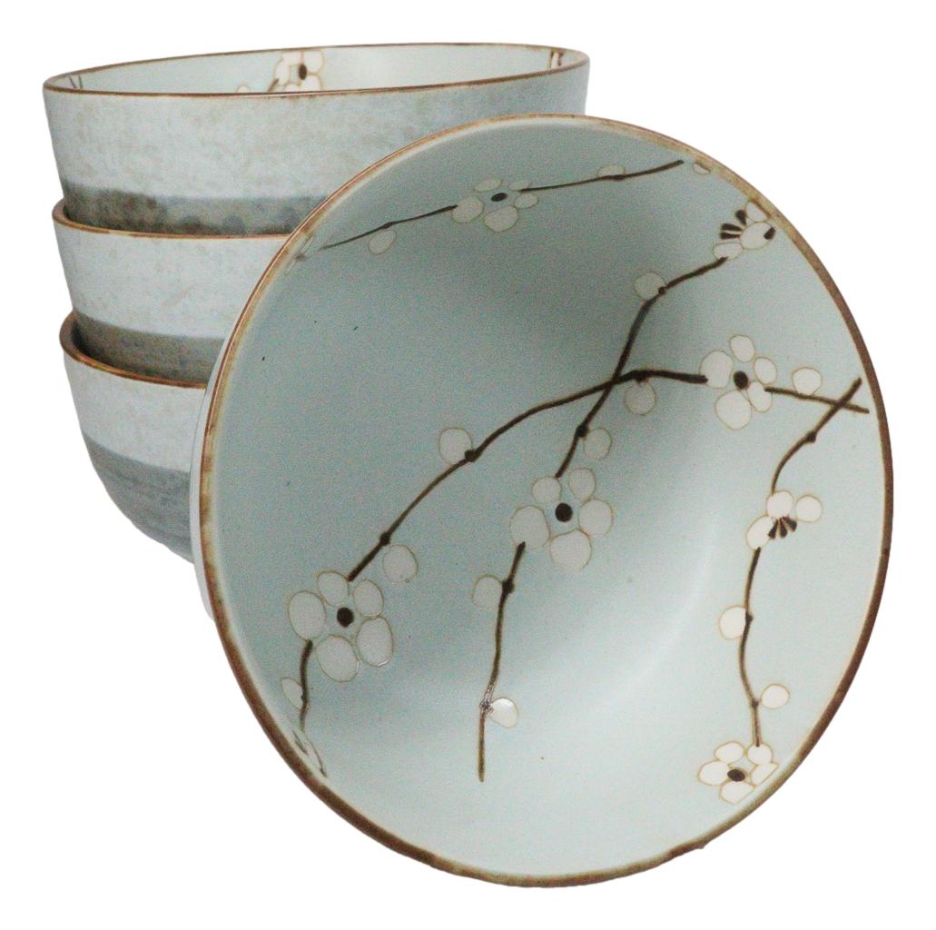 Set Of 4 Made In Japan Ceramic Soushun Sakura Blue Plum Medium Tayo Bowls 21oz