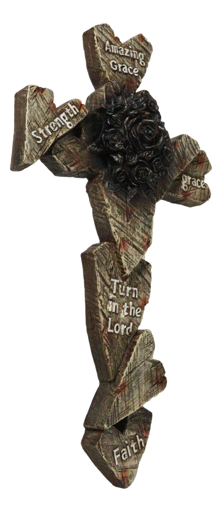 Rustic Amazing Grace Strength Faith Blooming Roses Faux Wood Hearts Wall Cross - Ebros Gift