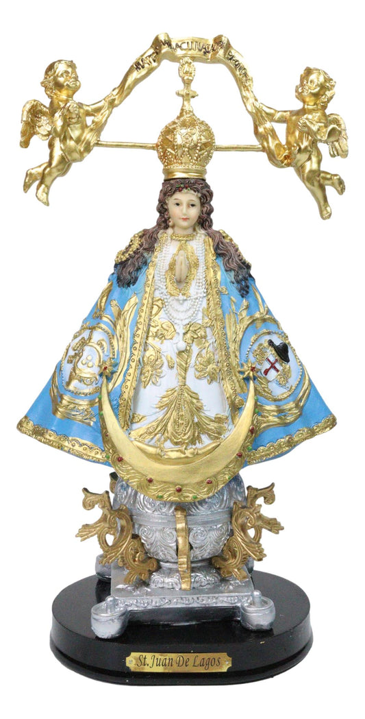 Our Lady of San Juan De Los Lagos with Golden Crown And Angels Figurine 12"H