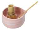 Pink White Brushstroke Ceramic Japanese Matcha Green Tea Bowl Whisk & Scoop Set